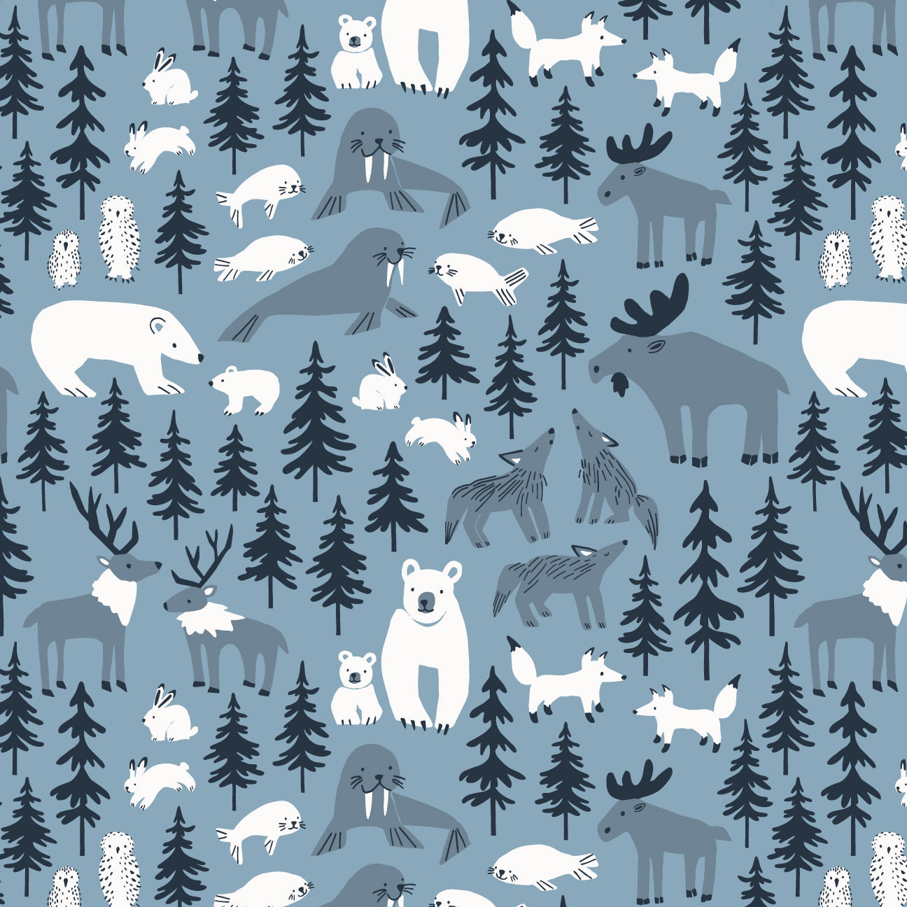 Long Sleeve Snapsuit - Northern Animals Mountain Blue