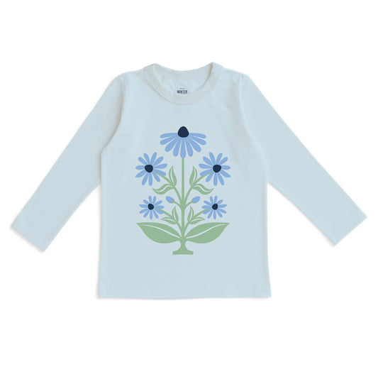 Long-Sleeve GRAPHIC Tee - Blockprint Flowers Sky Blue