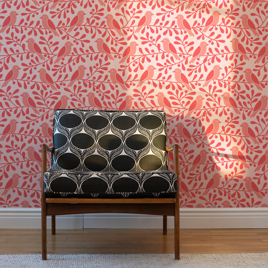Wallpaper - Birds & Berries Coral