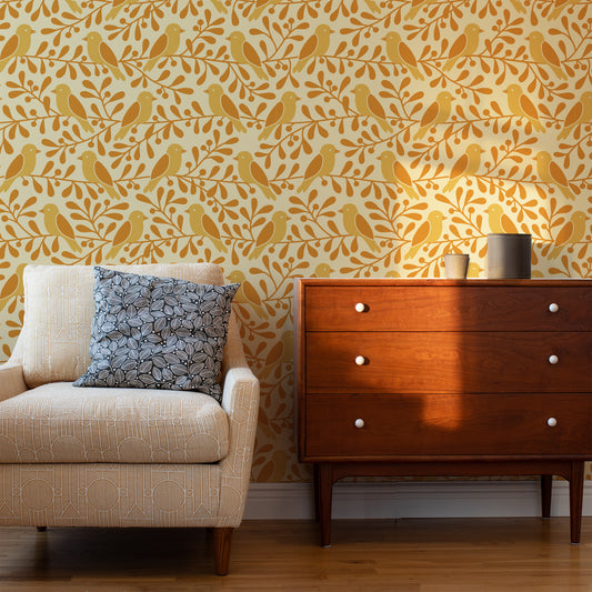 Wallpaper - Birds & Berries Ochre