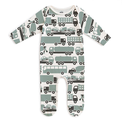 Footed Romper - Big Rigs Surf Blue