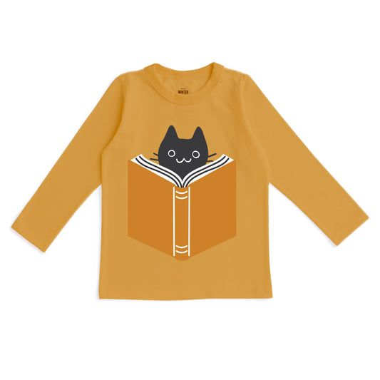 Long-Sleeve GRAPHIC Tee - Reading Cat Ochre