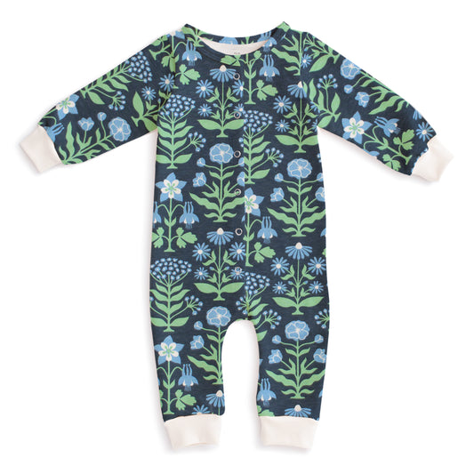 French Terry Jumpsuit - Blockprint Floral Blue & Green
