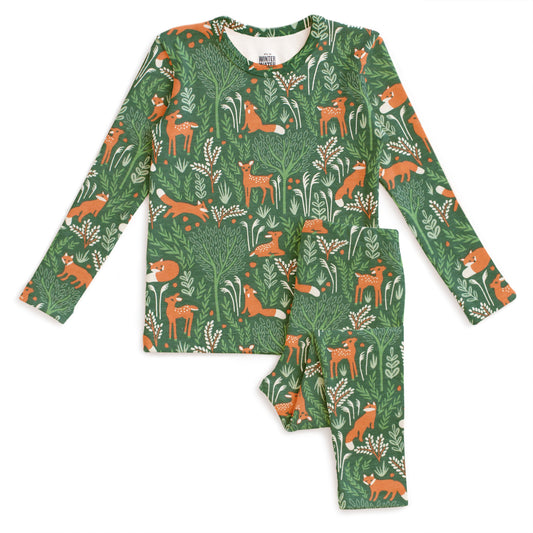 Kids Pajama Set - Deer & Foxes Green