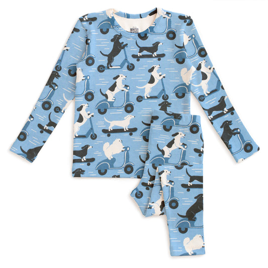 Kids Pajama Set - Dogs on Scooters Blue
