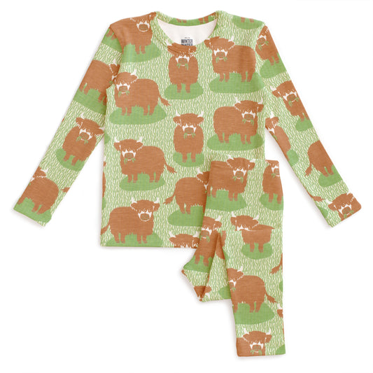 Kids Pajama Set - Highland Cows Green
