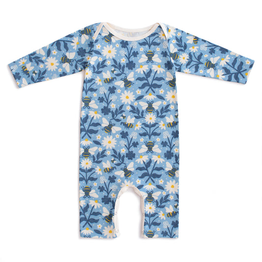 Long-Sleeve Romper - Bees Blue