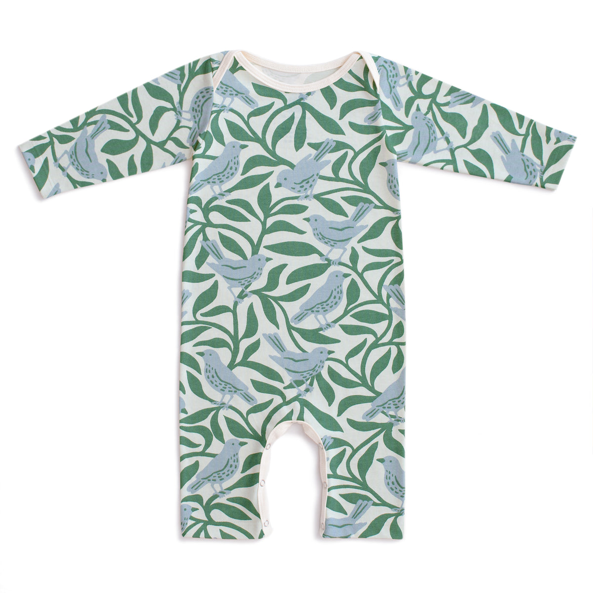 Long-Sleeve Romper - Birds on Branches Blue & Green