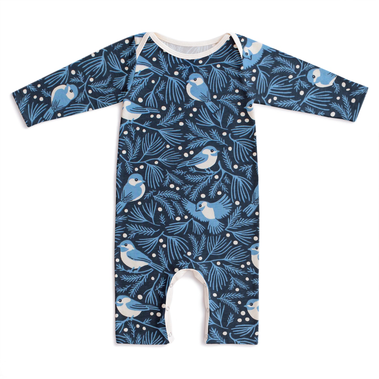 Long Sleeve Romper - Chickadees Navy & Blue