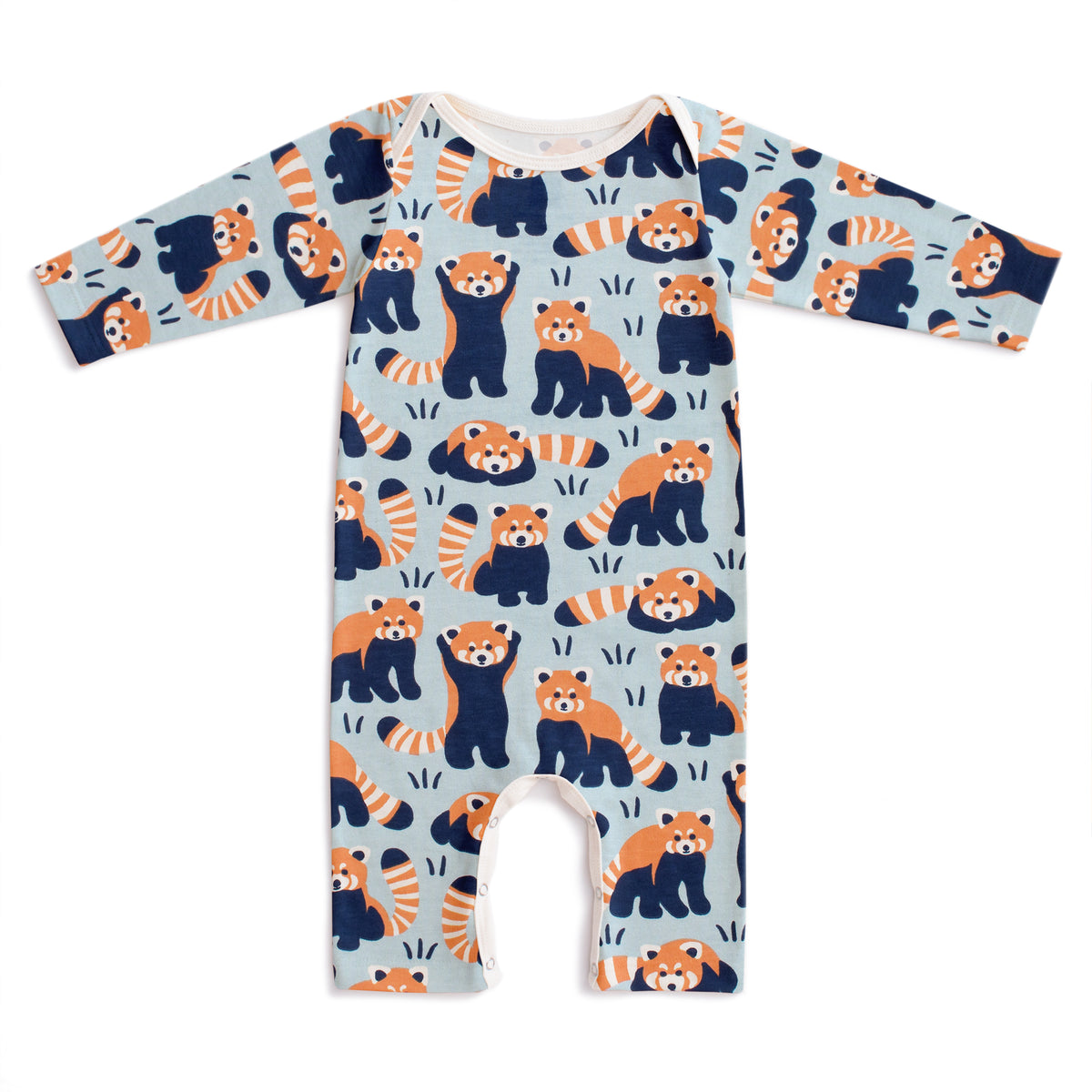 Long-Sleeve Romper - Red Pandas Pale Blue