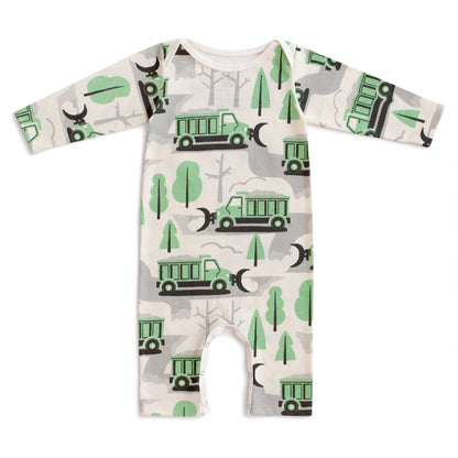 Long Sleeve Romper - Snow Plows Green