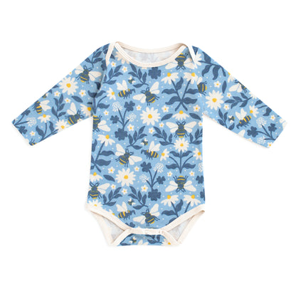 Long Sleeve Snapsuit - Bees Blue