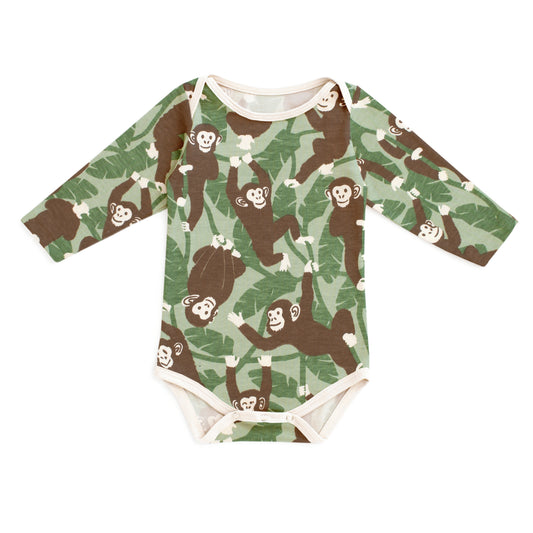 Long Sleeve Snapsuit - Chimpanzees Green