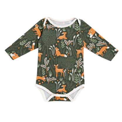 Long Sleeve Snapsuit - Deer & Foxes Dark Green