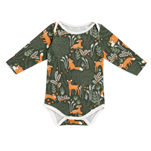 Long Sleeve Snapsuit - Deer & Foxes Dark Green
