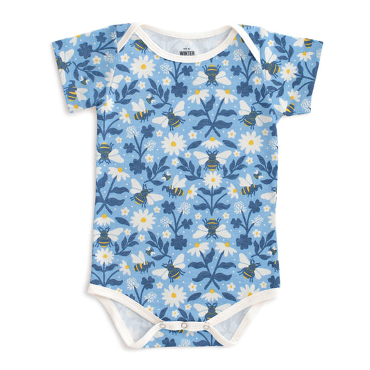 Short Sleeve Snapsuit - Bees Blue