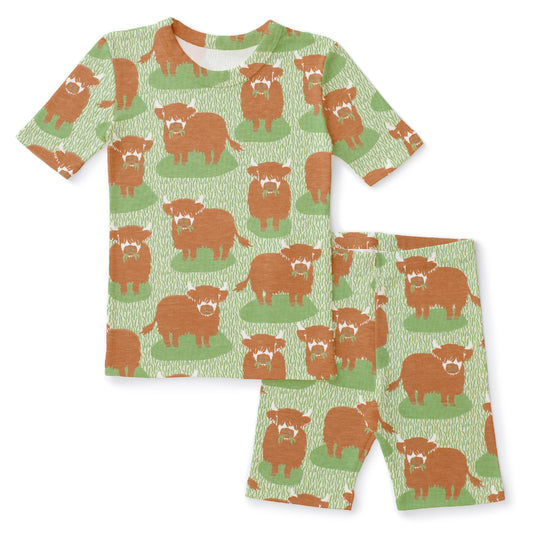 Kids Summer Pajama Set - Highland Cows Green