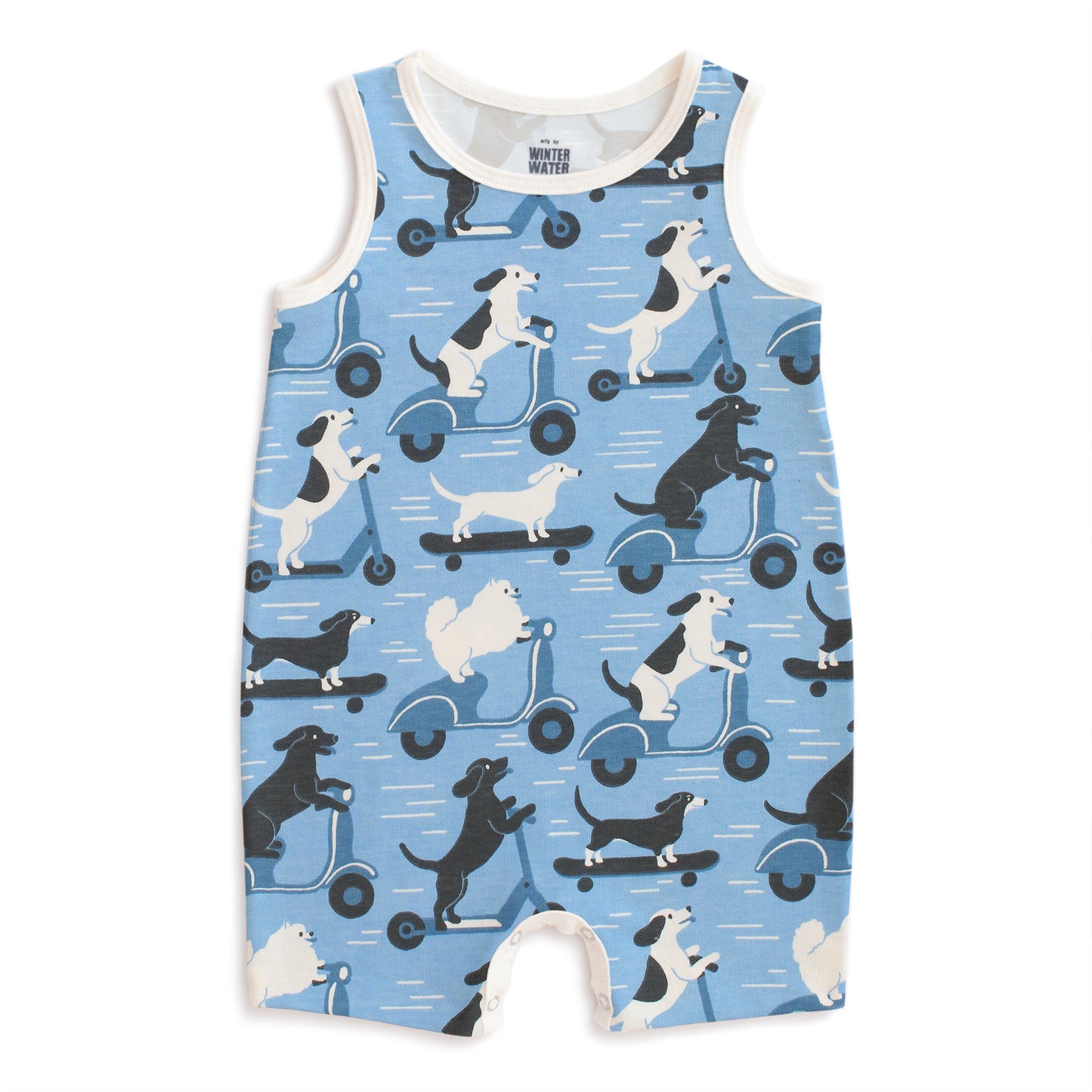 Tank Top Romper - Dogs on Scooters Blue