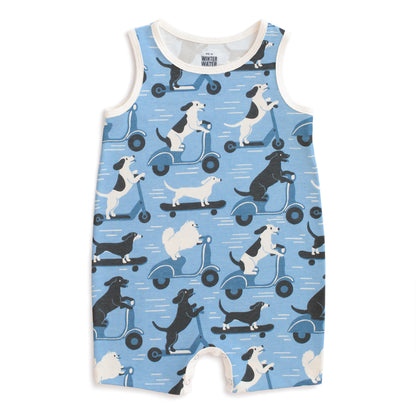 Tank Top Romper - Dogs on Scooters Blue