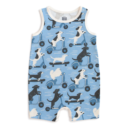 Tank Top Romper - Dogs on Scooters Blue