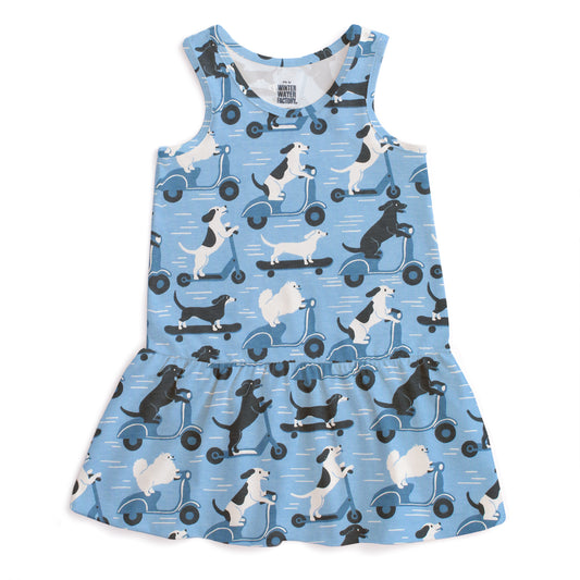 Valencia Dress - Dogs on Scooters Blue