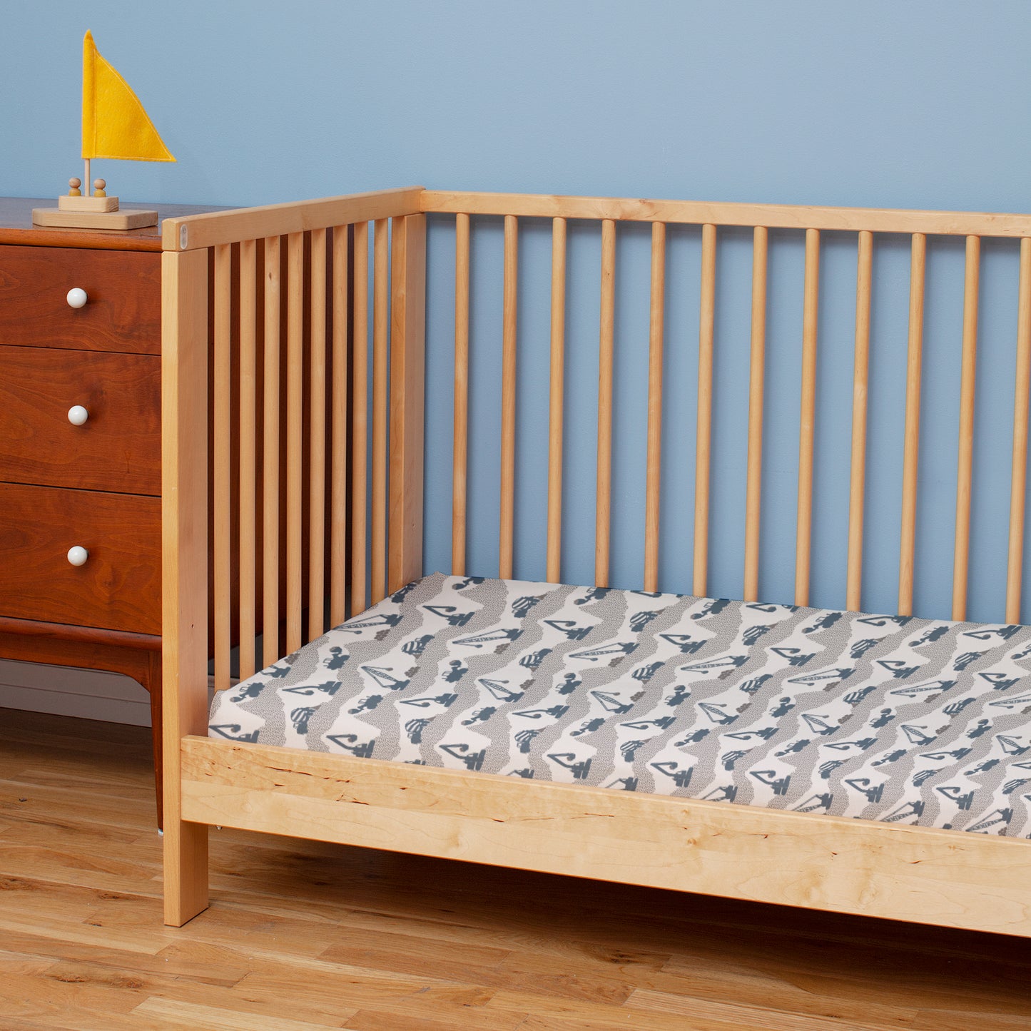 Fitted Crib Sheet - Construction Slate Blue & Grey