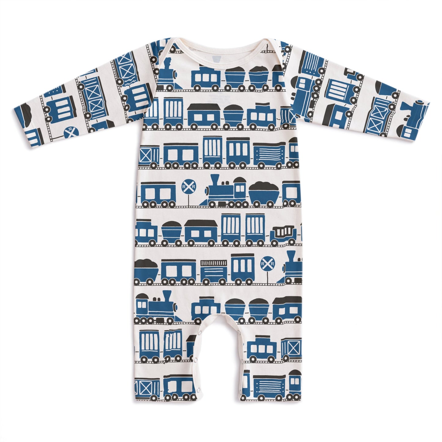 Long Sleeve Romper - Trains Blue