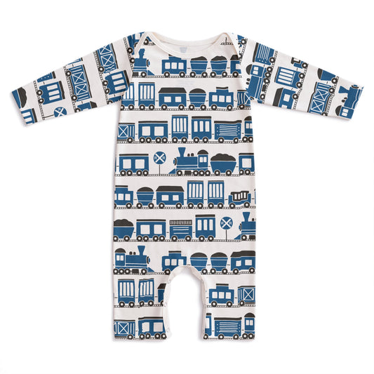 Long Sleeve Romper - Trains Blue