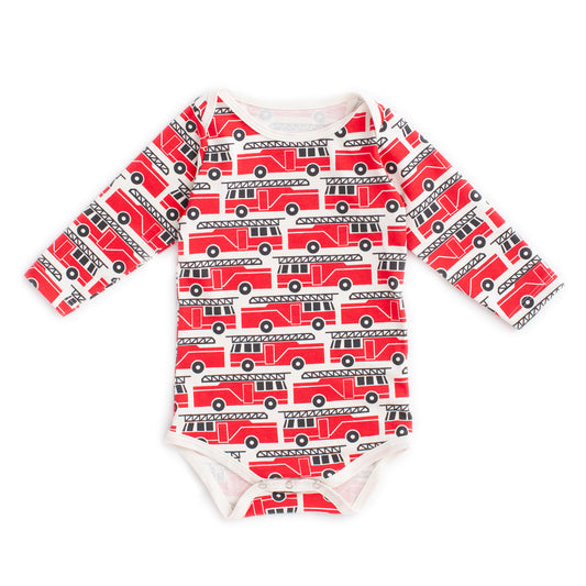 Long Sleeve Snapsuit - Firetrucks Red