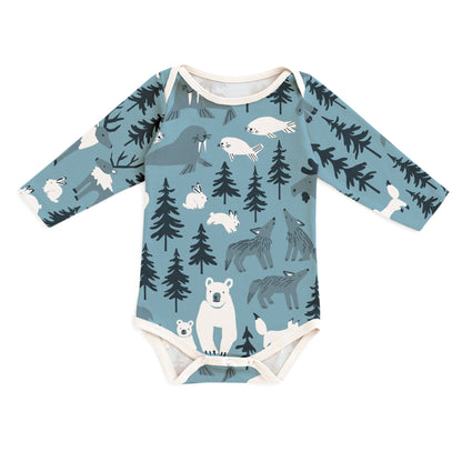 Long Sleeve Snapsuit - Northern Animals Mountain Blue