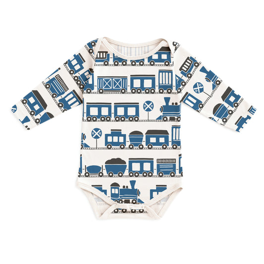 Long Sleeve Snapsuit - Trains Blue