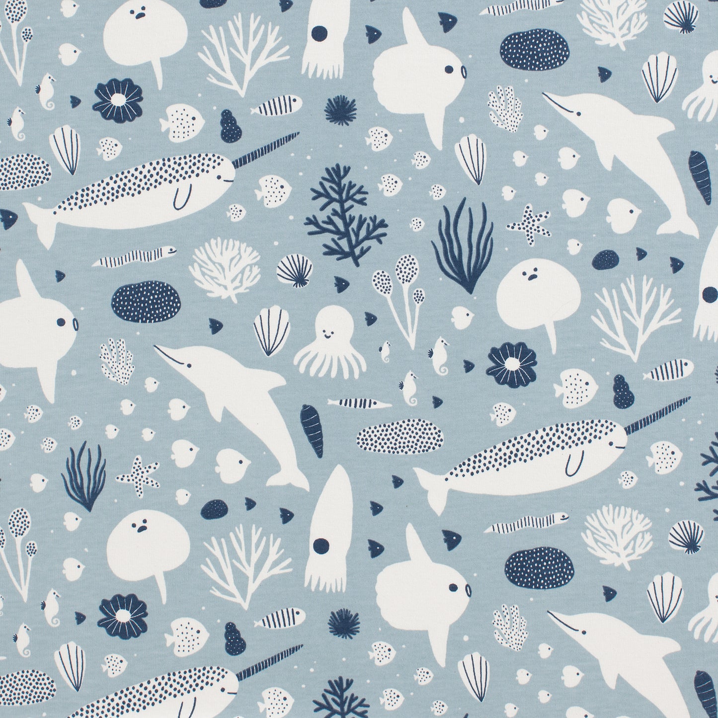 Long-Sleeve Lap Tee - Sea Creatures Pale Blue & Navy