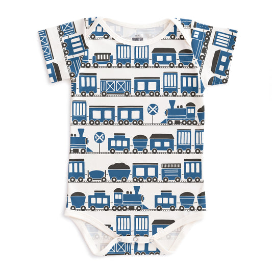 Short Sleeve Snapsuit - Trains Blue