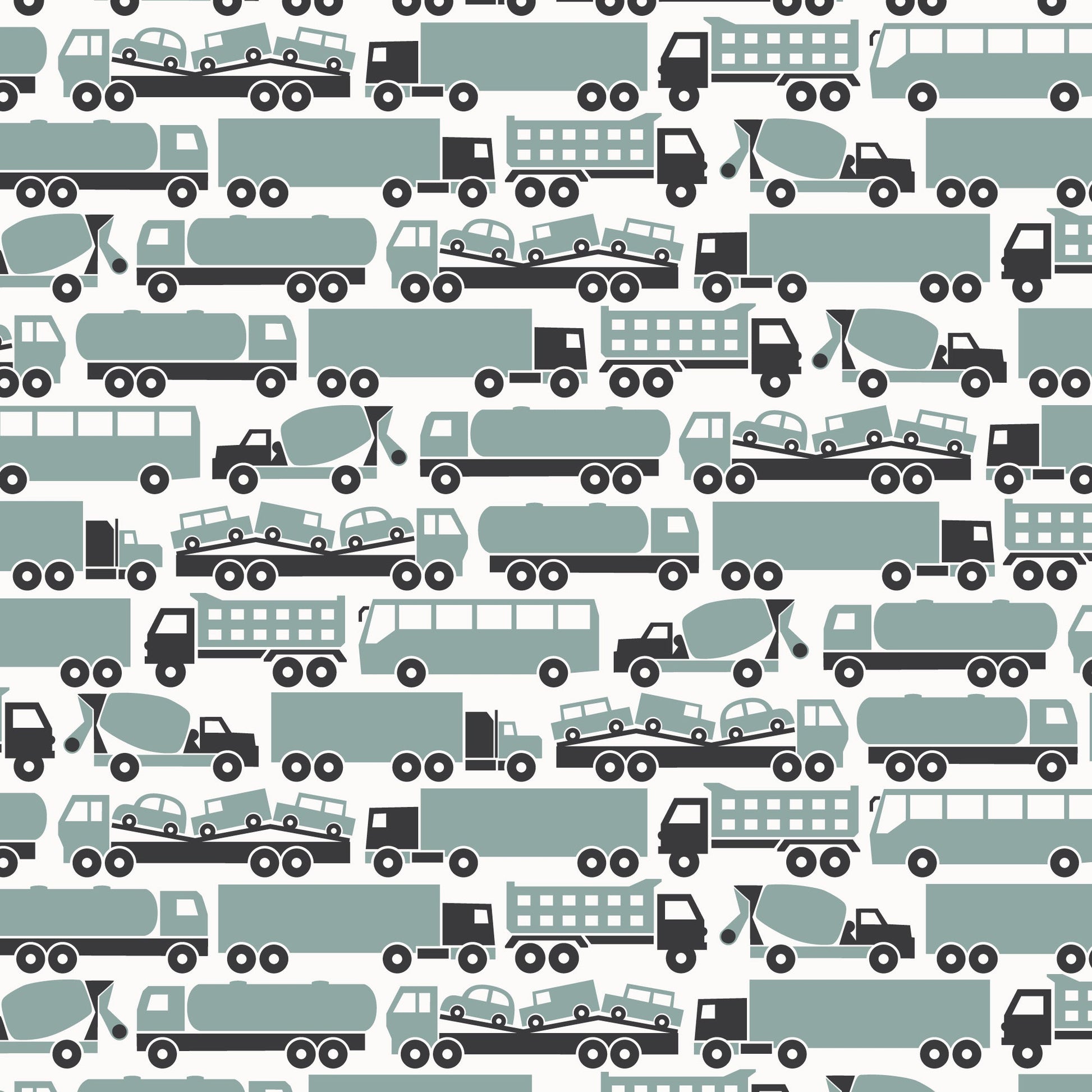 Big rig truck print swatch in surf blue, made with organic cotton