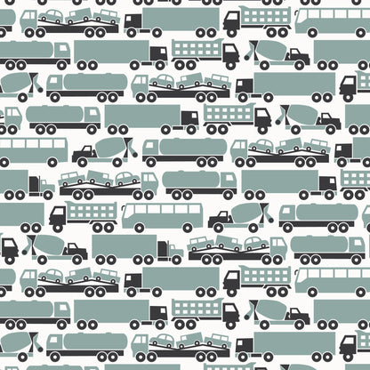 Big rig truck print swatch in surf blue, made with organic cotton