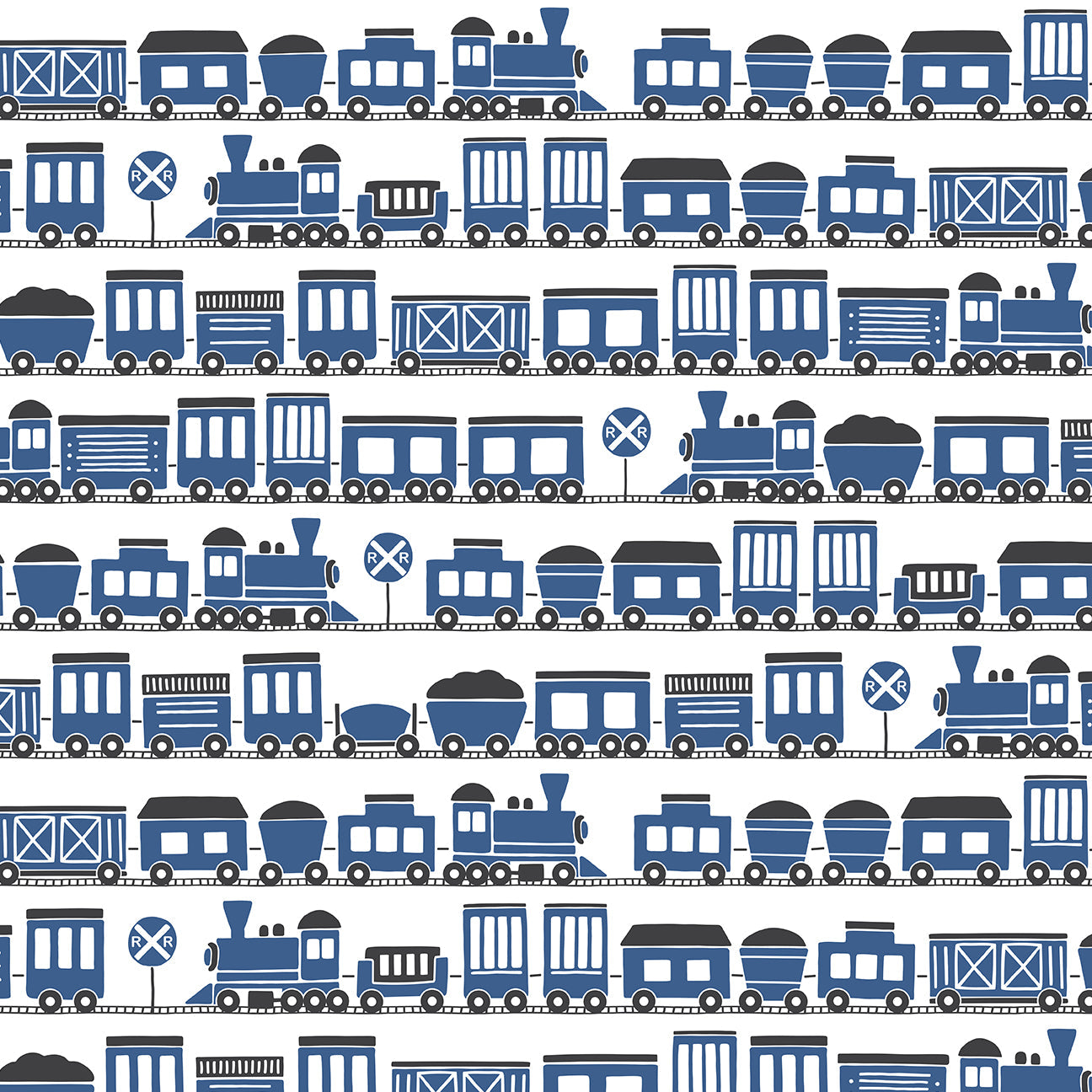 Blue train print swatch, made with organic cotton