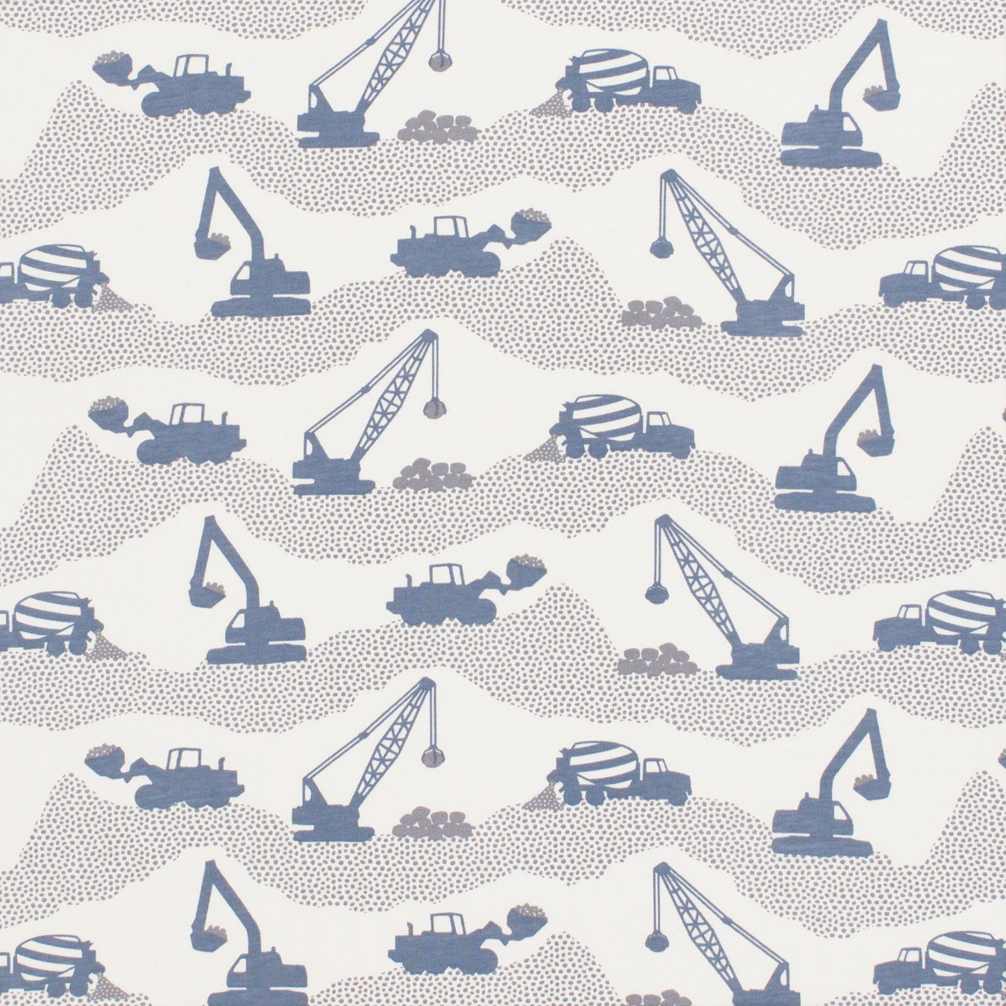 Construction truck print swatch in slate blue, made with organic cotton