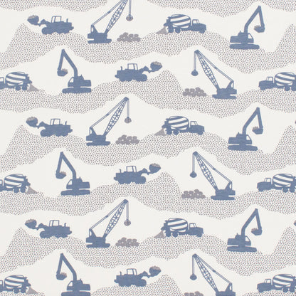 Construction truck print swatch in slate blue, made with organic cotton