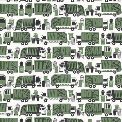 Garbage and recycling truck print swatch in green, made with organic cotton