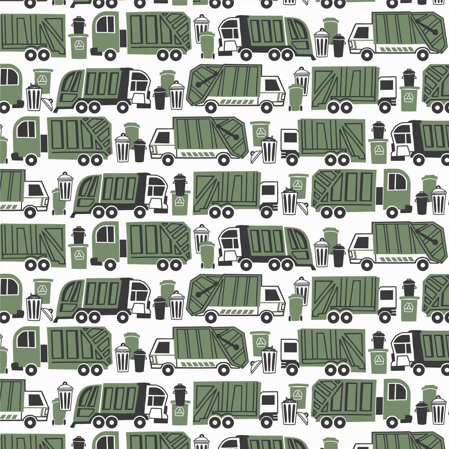 Green garbage and recycling truck print swatch, made with organic cotton