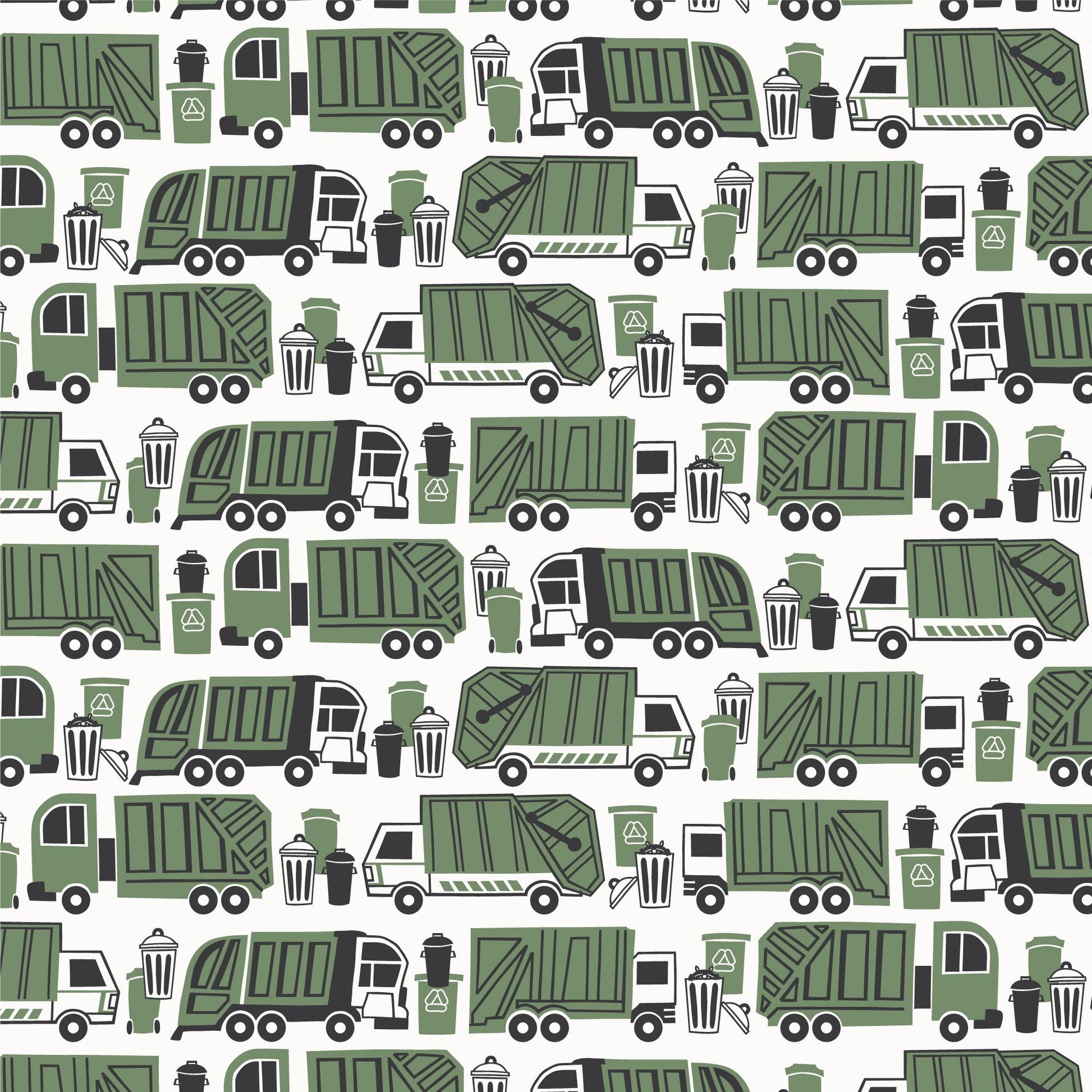 Green garbage and recycling truck print swatch, made with organic cotton