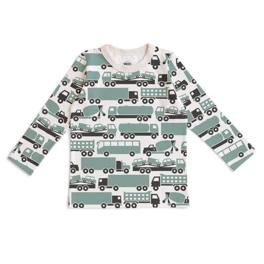 Kids long sleeve t-shirt with big rig truck print in surf blue, made with organic cotton