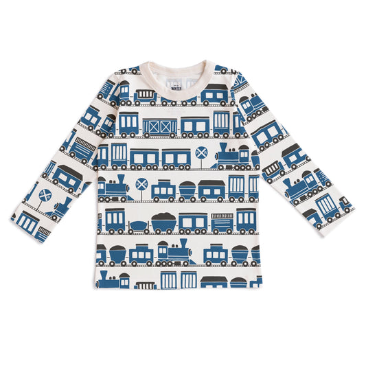 Kids long sleeve t-shirt with blue train print, made with organic cotton