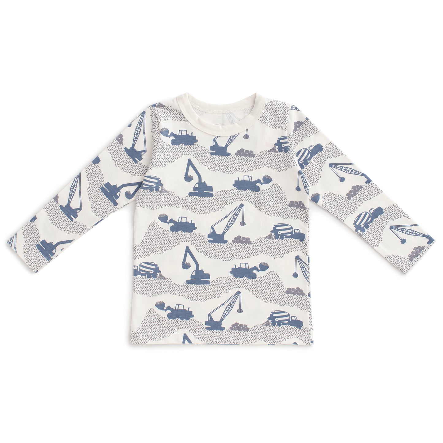 Kids long sleeve t-shirt with construction truck print in slate blue, made with organic cotton