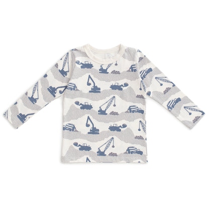Kids long sleeve t-shirt with construction truck print in slate blue, made with organic cotton