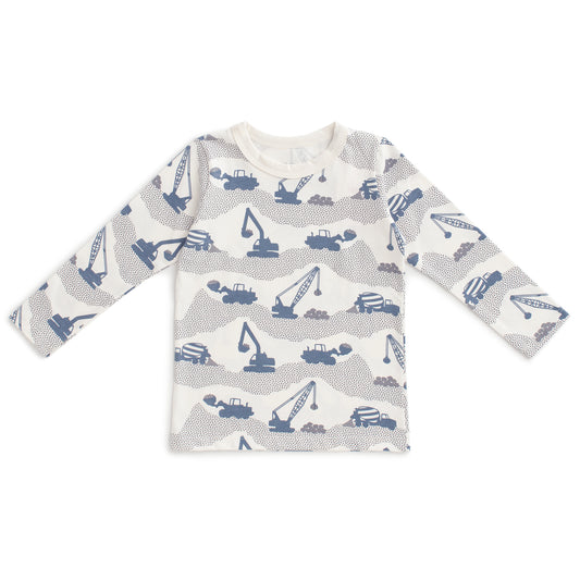 Kids long sleeve t-shirt with construction truck print in slate blue, made with organic cotton