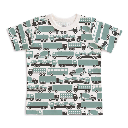 Kids short sleeve t-shirt in surf blue with big rig truck print, made with organic cotton