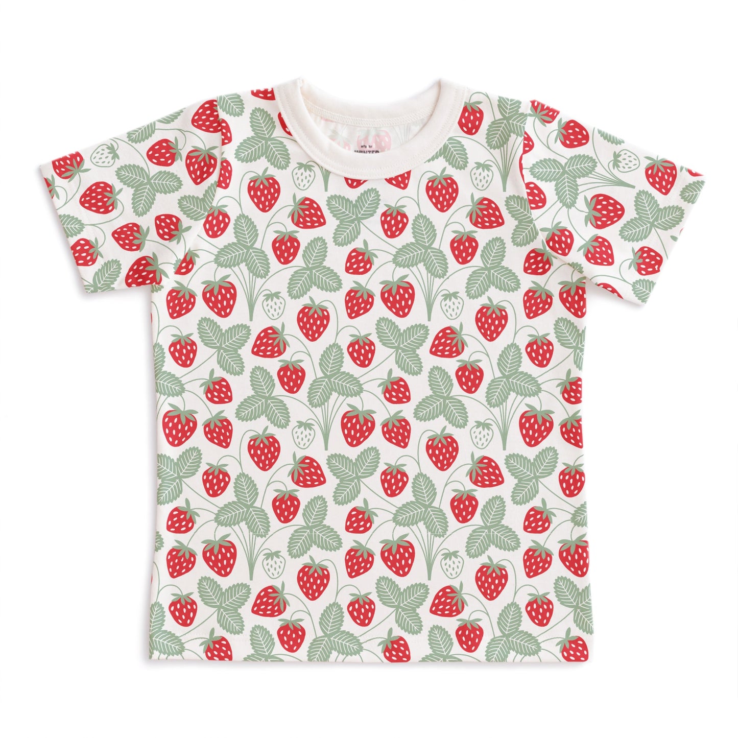 Kids short sleeve t-shirt with red strawberry print and green stems, made with organic cotton
