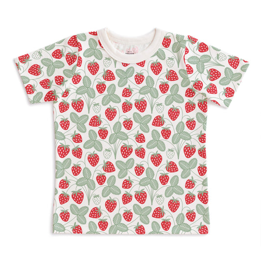Kids short sleeve t-shirt with red strawberry print and green stems, made with organic cotton