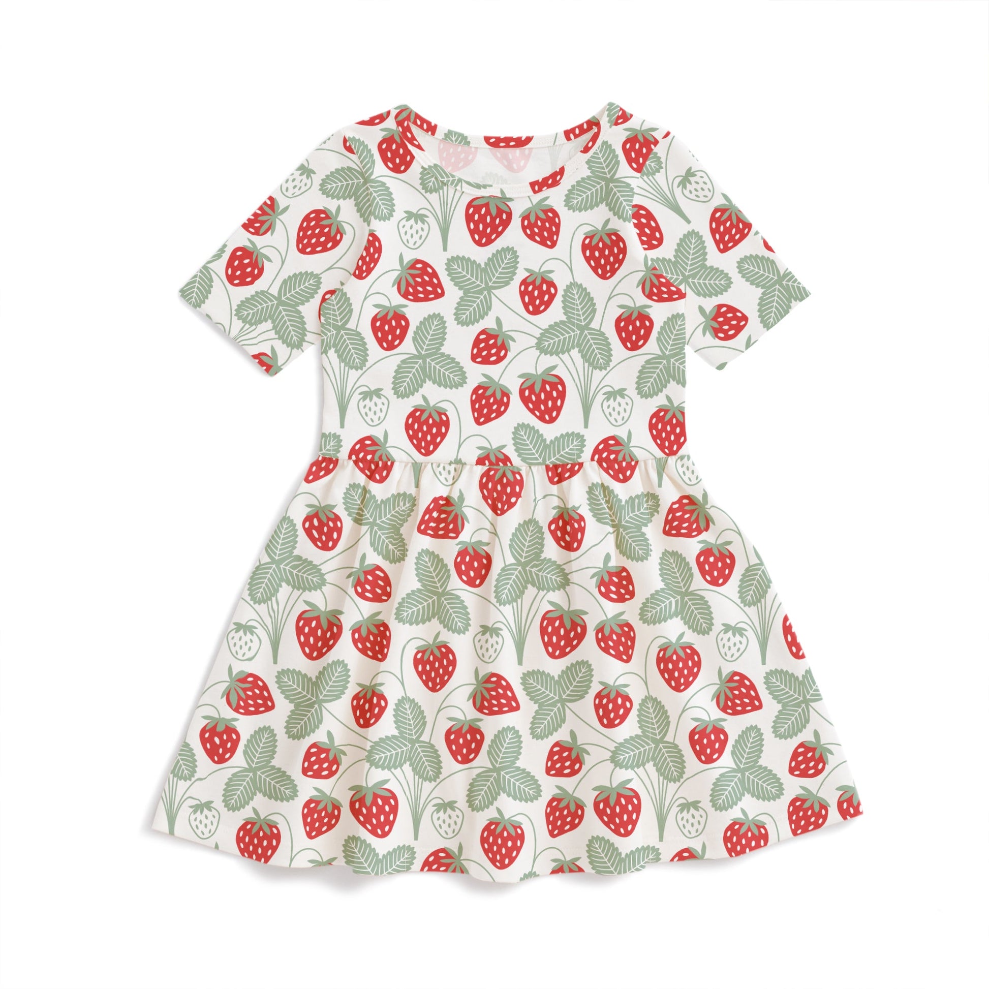 Kids dress with red strawberry print and green stems, made with organic cotton